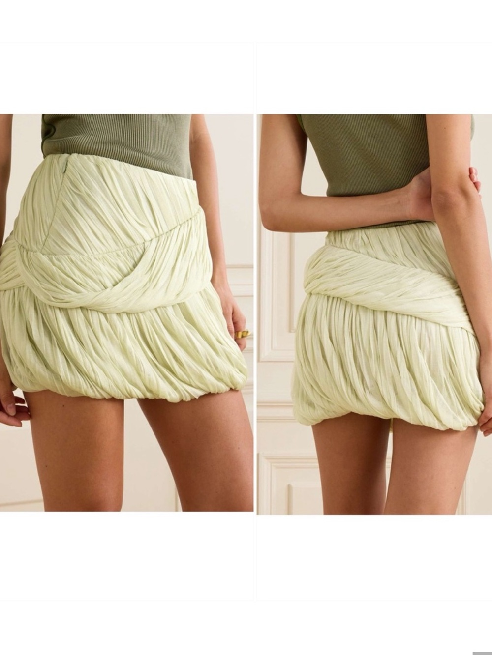 Tory Burch Green Ruched Jersey Silk Mini Skirt $1398 Sz 12